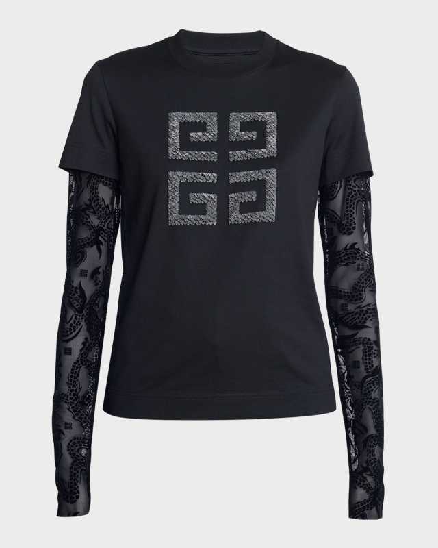 Two-Layer Beaded 4G Shirt with Mesh Sleeves